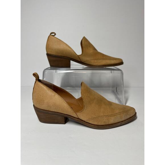 Lucky Brand Mahzan Pointed Toe Bootie Loafers Slip-On Stacked Heel Tan Sz 6 - Picture 1 of 11
